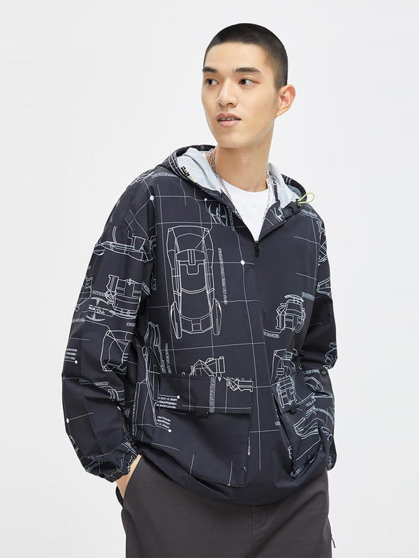 Men's Printed Windbreaker Top With Wording Prints
