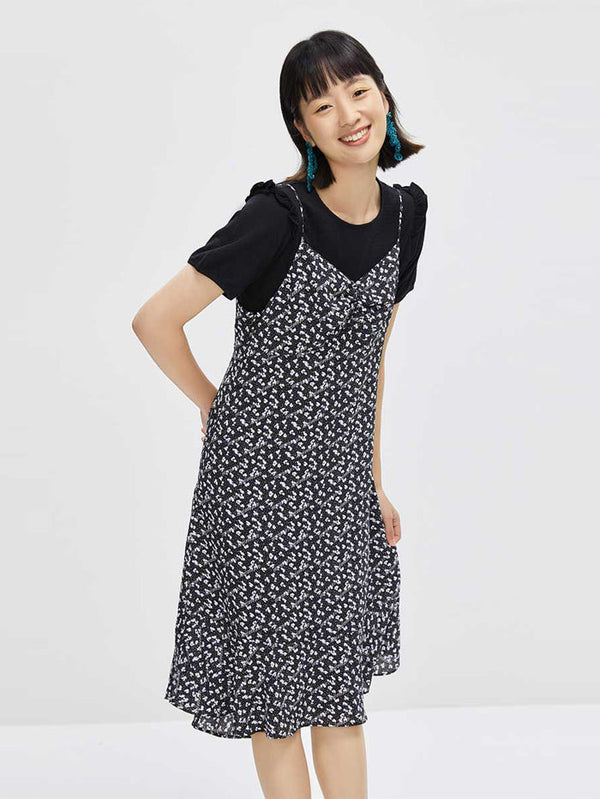 Women's Floral Printed Knee High Strap Dress With Top