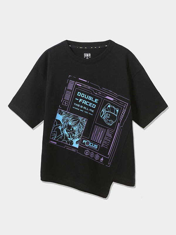 Women's Asymetric T-Shirt With Graphic And Wording Prints