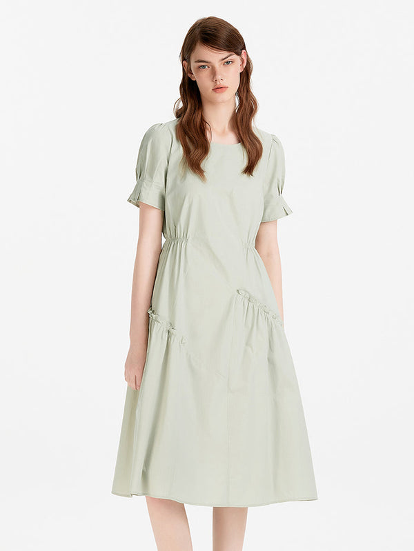 Women's Solid Color Midi Dress With Elastic Waist