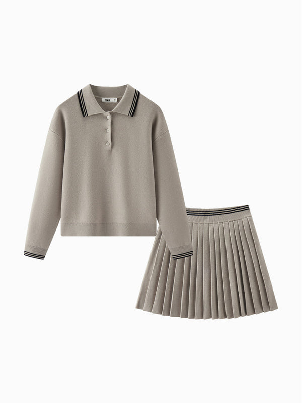 Women's Knitted Polo Top and Pleated Skirt Set