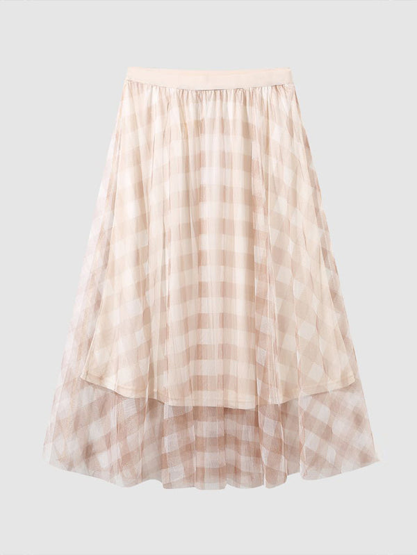 Women's Checkered Mesh Fabric Midi Skirt